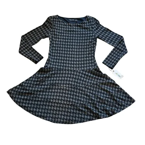 Ivanka Trump Dress Drop Waist Flare Black Grey/white Houndstooth Long Sleeve - Picture 2 of 9